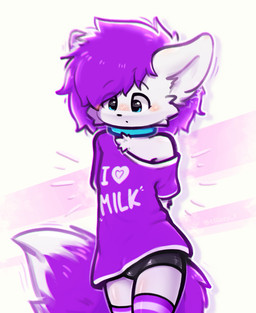 abstract_background ambiguous_gender anthro blush clothing collar eyelashes hair legwear long_hair milk pink_hair shirt solo surprised thigh_highs topwear underwear white_body milezy hi_res