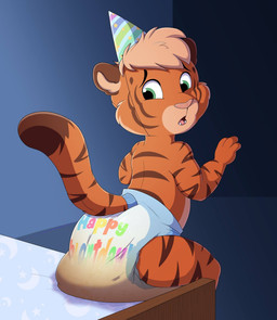 anthro birthday clothed clothing diaper diaper_only feces fur hair male rear_view soiled_diaper solo tail topless unclean_diaper used_diaper wearing_diaper young young_male baltnwolf felid mammal pantherine tiger digital_media_(artwork) hi_res