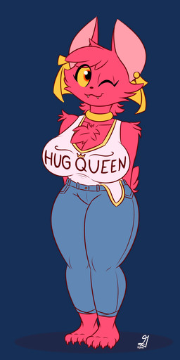 anthro arm_tuft big_breasts bottomwear breast_tuft breasts claws clothing denim denim_bottomwear denim_clothing ear_piercing female fur hands_behind_back jeans membrane_(anatomy) membranous_wings neck_ring one_eye_closed pants piercing pink_body pink_fur shirt solo tank_top teeth_showing toe_claws topwear tuft wings wink wristband yellow_sclera glimglam vixie_(averyshadydolphin) bat mammal 1:2 2018 alpha_channel colored digital_drawing_(artwork) digital_media_(artwork) hi_res signature
