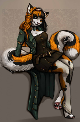 4_toes alternative_fashion anthro biped black_hair blonde_hair border breasts choker cleavage clothed clothing collar digitigrade dress eyewear feet female fluffy fluffy_tail footwear goggles green_eyes hair holding_tail inner_ear_fluff jacket jewelry legwear long_tail looking_at_viewer mottled multicolored_hair necklace open_clothing open_jacket open_topwear pattern_background pawpads piebald pink_nose simple_background sitting smile socks solo steampunk stockings tail toeless_footwear toeless_socks toes topwear translucent translucent_clothing tuft two_tone_hair robyn_paperdoll melody_(mellybyte) calico_cat domestic_cat felid feline felis mammal 2016 digital_media_(artwork) hi_res shaded