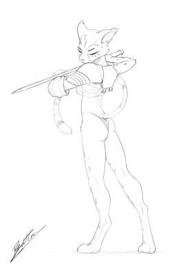 anthro armor breasts clothing eyes_closed female melee_weapon panties solo standing sword underwear weapon hush_button felid feline mammal hi_res monochrome sketch