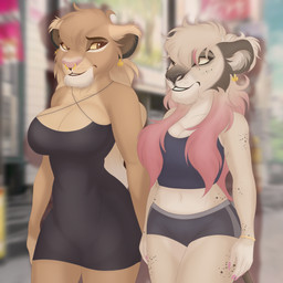 anthro big_breasts bottomwear bracelet breasts clothed clothing duo ear_piercing ear_ring eyelashes facial_piercing female freckled_arms freckled_face freckled_hips freckled_legs freckled_thighs freckles gold_ear_ring gradient_hair hair jewelry long_eyelashes long_hair nose_piercing piercing pink_hair ring_piercing shirt shorts tank_top tight_clothing topwear tuft ayana_lioness disney the_lion_king felid lion mammal pantherine hi_res daughter_(lore) mother_(lore) mother_and_child_(lore) mother_and_daughter_(lore) parent_(lore) parent_and_child_(lore) parent_and_daughter_(lore)