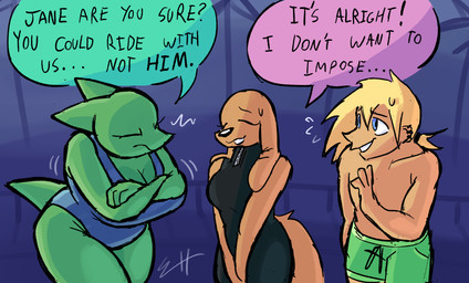 anthro beach big_breasts black_clothing black_swimwear blonde_hair blue_clothing blue_eyes blue_swimwear bodily_fluids breasts brown_body brown_fur cleavage clothed clothing color_coded color_coded_speech_bubble dialogue ear_piercing ear_ring eyes_closed female fur green_body green_clothing green_fur green_swimming_trunks green_swimwear group hair huge_breasts long_ears male multiple_ear_piercings multiple_ear_ring night piercing ring_piercing speech_bubble suspicious sweat sweatdrop swimming_trunks swimwear text tied_hair trio zipper biscotti5000 helio_(biscotti5000) jane_(biscotti5000) sam_(biscotti5000) canid canine canis domestic_dog fox human hybrid lizard mammal reptile scalie english_text hi_res