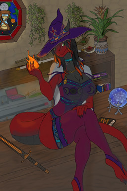 angmara anthro armwear barefoot black_body black_countershading book breasts brown_hair cape choker claws clay_pot clothing countershading cutout elemental_manipulation feet female fire fire_manipulation gold_(metal) gold_jewelry gold_necklace green_eyes hair hat headgear headwear inside ivy_(plant) jewelry legwear magic_ball magic_user melee_weapon necklace nipple_cutouts non-mammal_breasts occult_symbol painting_(object) pentagram plant red_body sitting snout solo stockings sword symbol wand weapon witch witch_hat angmar mythology dragon mythological_creature mythological_scalie scalie 2:3 hi_res