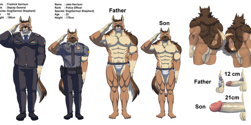 accessory age_difference anthro brown_body brown_fur butt chastity_cage chastity_device clothing duo eyewear facial_hair flat_chastity_cage fur genitals gesture glasses humanoid_genitalia jockstrap male male/male muscular muscular_anthro muscular_male mustache necktie penis penis_size_difference police police_badge police_officer police_uniform salute size_difference submissive submissive_father submissive_male suit tan_body tan_fur text underwear uniform chief_gilbert fredrick_(chief_gilbert) jake_(chief_gilbert) canid canine canis domestic_dog german_shepherd herding_dog mammal pastoral_dog absurd_res english_text hi_res father_(lore) father_and_child_(lore) father_and_son_(lore) parent_(lore) parent_and_child_(lore) parent_and_son_(lore) son_(lore)