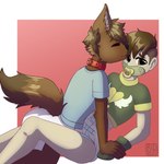 abdl ageplay anthro between_legs blue_clothing blue_shirt blue_t-shirt blue_topwear brown_body brown_eyes brown_fur brown_hair brown_tail clothed clothing collar diaper duo eyes_closed fur green_clothing green_topwear hair human_on_anthro infantilism interspecies kissing male male/male pacifier red_collar roleplay shirt short_hair simple_background t-shirt tail tan_body topwear wearing_diaper white_diaper riddlr canid canine human mammal hi_res