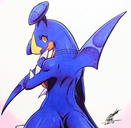 anthro blue_body blue_skin blush blush_lines breasts butt eyelashes female looking_at_viewer looking_back non-mammal_breasts orange_eyes rear_view simple_background solo spikes spikes_(anatomy) tail 025aki nintendo pokemon garchomp generation_4_pokemon pokemon_(species) scalie 2026 absurd_res dated hi_res signature