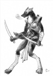 2011 anthro armor biped bottomwear breasts breath canid canine canis claws clothing domestic_dog dual_wielding female greyscale hi_res holding_melee_weapon holding_object holding_sword holding_weapon hybrid loincloth mammal melee_weapon monochrome orka orkathewolf pose simple_background solo standing sword tail training weapon wolf
