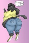 amber_eyes anthro big_butt black_body black_fur black_hair bottomwear butt cheek_tuft clothing denim denim_bottomwear denim_clothing dialogue eyebrow_through_hair eyebrows eyelashes facial_tuft fangs female footwear fur hair jeans overweight overweight_anthro overweight_female pants rear_view shirt simple_background solo speech_bubble tail teeth text topwear translucent translucent_hair tuft yellow_clothing yellow_shirt yellow_topwear thunderkid92 beth_(lordstormcaller) felid mammal pantherine 2021 absurd_res english_text hi_res