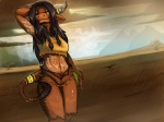 anthro black_hair braided_hair clothed clothing cloud eyes_closed female hair horn jewelry markings navel outside plant raining skimpy smile solo tail tail_tuft the_barrens tree tuft wet wood hoot_(artist) blizzard_entertainment warcraft raine_bloodhoof bovid bovine mammal tauren 2012 4:3