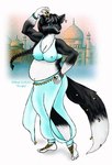 anthro belly belly_dancer belly_dancing black_body black_fur blue_eyes bracelet breasts ear_piercing ear_ring female finger_cymbals fur hair jewelry nipple_outline overweight phalla piercing ponytail ring_piercing solo white_body white_fur pixel canid canine fox mammal