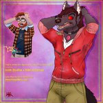 1:1 alex_eggleston anthro beard bottomwear canid canine canis clothed clothing confused_screaming confusion duo english_text facial_hair fur grey_body grey_fur hi_res hoarfrostarts hoodie human male mammal meme panicking pants red_eyes redraw shirt t-shirt tail text topwear wolf yiik:_a_postmodern_rpg yiiking_out_(meme)