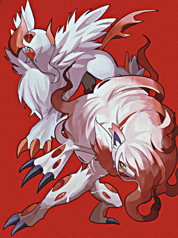 ambiguous_gender anthro claws duo feral fur grey_body grey_fur hair horn looking_at_viewer multicolored_hair one_eye_obstructed red_eyes red_hair simple_background tail teal_eyes two_tone_hair white_body white_fur white_hair yellow_sclera mmocc123 nintendo pokemon generation_6_pokemon generation_8_pokemon hisuian_form hisuian_zoroark mega_absol mega_evolution pokemon_(species) regional_form_(pokemon) 2026 3:4 hi_res