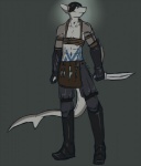 anthro big_tail blue_eyes clothing cosplay costume hair holding_object holding_weapon knife male reverse_grip shadow_(poe) smile solo tail weapon syrae-universe path_of_exile nerts fish marine shark 2013 hi_res