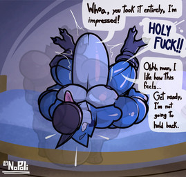 abdominal_bulge anthro balls beak big_balls blue_body blue_feathers brown_body brown_fur dialogue duo feathers feet fur genitals glistening glistening_body hyper hyper_abdominal_bulge male male/male muscular muscular_anthro muscular_male open_beak open_mouth oral oral_penetration pecs penetration profanity quads surprised talons text toes tongue tongue_out translucent lanopoli cartoon_network regular_show mordecai_(regular_show) rigby_(regular_show) avian bird blue_jay corvid jay_(bird) mammal new_world_jay oscine passerine procyonid raccoon english_text hi_res