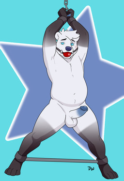4_toes anthro arms_above_head ball_gag balls bdsm biped black_body black_eyebrows black_fur blue_background blue_eyes blue_glans blue_pawpads blue_penis bondage bondage_gear bound chest_tuft erection eyebrows facial_scar feet fingers fur gag gagged genitals glans glistening glistening_genitalia glistening_glans glistening_penis gloves_(marking) humanoid_genitalia humanoid_penis leg_markings logo looking_at_viewer male male_anthro markings mismatched_genitalia mismatched_humanoid_penis mismatched_penis multicolored_body multicolored_fur multicolored_penis navel nude nude_anthro nude_male pattern_background pawpads penis restraints scar simple_background slightly_chubby slightly_chubby_anthro slightly_chubby_male socks_(marking) solo spreader_bar star-shaped_background star_polygon toes tuft two_tone_body two_tone_fur two_tone_penis white_balls white_body white_fur white_penis wide_stance darkwolf79 bear mammal polar_bear ursine 2026 absurd_res artist_logo digital_media_(artwork) hi_res
