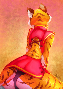 anthro asian_clothing backless_dress black_body black_fur black_stripes butt chinese chinese_clothing chinese_dress clothing dress east_asian_clothing female fur holidays orange_body orange_fur pose red_clothing simple_background sitting solo stripes underwear white_body white_fur year jodi_(artist) chinese_new_year chinese_zodiac year_of_the_tiger felid mammal pantherine tiger 2022 pinup