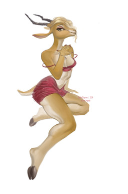 anthro blonde_hair bottomwear breasts clothed clothing cloven_hooves eyelashes eyeshadow female fur hair hooves horn looking_at_viewer makeup simple_background sitting skirt solo tail topwear underhoof fjollettigeren disney zootopia gazelle_(zootopia) antelope bovid gazelle mammal digital_media_(artwork) hi_res