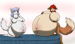 anthro arctic_fox bed belly belly_blush belly_overhang big_belly big_breasts black_nose blue_eyes blue_hair blush body_blush both_pregnant breasts brown_body brown_fur brown_nose canid canine canis countershading derrysome domestic_dog duo ears_down featureless_breasts female fluffy fluffy_tail fox fur furniture hair hand_on_breast hand_on_butt hand_on_face holding_breast huge_belly huge_breasts husky hybrid hyper hyper_breasts hyper_pregnancy inner_ear_fluff kneeling long_hair looking_at_viewer mammal multiple_pregnancies navel neck_tuft nordic_sled_dog nude on_bed orange_eyes outie_navel pivoted_ears pregnant pregnant_anthro pregnant_female red_hair simple_background snow_crystal solstice_dewinter spitz stripes tail tan_body tan_countershading thick_thighs true_fox tuft