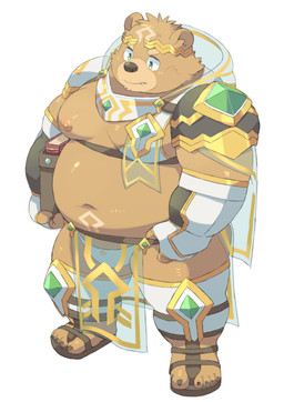 anthro armor belly clothing cute_fangs fangs footwear kemono male overweight overweight_male sandals shoes simple_background solo standing teeth underwear ayame42612 crave_saga gabu_(crave_saga) bear mammal 2026 hi_res