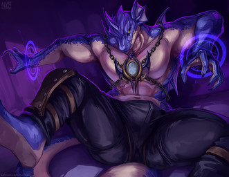 anthro black_bottomwear black_clothing black_pants black_sclera blue_body blue_scales bottomwear bulge claws clothing countershade_torso countershading ear_frill finger_claws frill_(anatomy) magic magic_circle male membrane_(anatomy) membranous_frill muscular muscular_anthro muscular_male pants purple_background scales sharp_teeth shin_guards simple_background solo spread_legs spreading tail tan_body tan_countershading teeth text yellow_eyes nurinaki mythology yu-gi-oh! exa_enforcer_of_the_nekroz dragon duel_monster mythological_creature mythological_scalie scalie 2022 shaded url