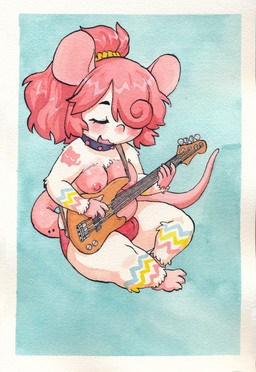 anthro areola biped blue_background border breasts bulge clothing curly_hair electric_guitar eyes_closed fur guitar gynomorph gynomorph_anthro hair intersex intersex_anthro musical_instrument nipples panties pink_ears pink_hair playing_guitar playing_music plucked_string_instrument simple_background sitting solo string_instrument striped_body stripes underwear white_body white_border white_fur chimeracauldron mammal mouse murid murine rodent hi_res painting_(artwork) watercolor_(artwork)