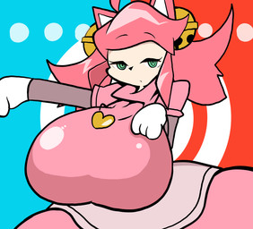 anthro big_breasts breasts clothing dress ellipsis eyebrow_through_hair eyebrows female green_eyes hair half-closed_eyes heart_symbol huge_breasts hyper hyper_breasts light_body light_skin narrowed_eyes pink_clothing pink_dress pink_hair solo translucent translucent_hair petronoise mew_mew_kissy_cutie undertale_(series) mew_mew_(undertale) domestic_cat felid feline felis mammal 2018 digital_drawing_(artwork) digital_media_(artwork) half-length_portrait hi_res portrait