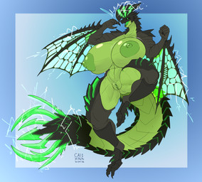 2_toes 5_fingers anthro areola big_areola big_breasts biped black_body black_scales black_sclera breasts claws electricity electricity_manipulation elemental_manipulation feet female female_anthro fingers genitals glistening glistening_breasts green_areola green_body green_breasts green_eyes green_nipples green_scales green_skin green_vulva head_crest huge_breasts hyper hyper_breasts membrane_(anatomy) membranous_wings multicolored_body nipples pincer_tail scales solo thick_thighs toe_claws toes vulva wide_hips winged_arms wings caixin_sanshijiu capcom monster_hunter kaya_(knockedoutdragon) astalos flying_wyvern 2026 absurd_res digital_media_(artwork) hi_res