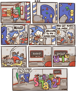 anthro black_eyes bloodshot_eyes blue_body blue_fur blush bottomwear bow_tie chalk chalkboard clothing dialogue door duo falling fur greeting grey_body grey_skin group information_board inside male number open_mouth open_smile pants question_mark scared school shirt smile speech_bubble surrounded text topwear z-t00n classic_sonic_(universe) sega sonic's_schoolhouse sonic_the_hedgehog_(series) classic_sonic hippopotamus_(sonic's_schoolhouse) sonic_the_hedgehog common_hippopotamus eulipotyphlan european_hedgehog hedgehog hippopotamid mammal comic english_text