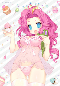 alternate_species babydoll blue_eyes blush breasts candy clothing crown cupcake dessert duo female feral food hair headgear holding_food holding_object human_focus humanized lingerie lollipop long_hair looking_at_viewer male navel nightgown not_furry_focus open_mouth panties pattern_background pink_hair simple_background slim smile sprinkles striped_background underwear emily_(pure_dream) friendship_is_magic hasbro my_little_pony gummy_(mlp) pinkie_pie_(mlp) alligator alligatorid crocodilian human mammal reptile scalie