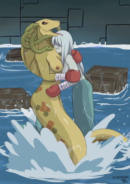 apode boxing boxing_gloves boxing_gloves_only breasts clothing covered_eyes duo female fight hair hair_over_eyes handwear handwear_only hug legless living_hair mostly_nude nipples non-mammal_breasts non-mammal_nipples nude open_mouth partially_submerged pseudo_hair serpentine snake_hair snake_hood splashing_water split_form sport water wet deathzera european_mythology god_of_war god_of_war_ascension greek_mythology mythology sony_corporation sony_interactive_entertainment spooky's_jump_scare_mansion gorgon_cobra specimen_13 aquatic cobra draconcopode merfolk mythological_creature naga reptile scalie snake 2018 digital_media_(artwork) hi_res
