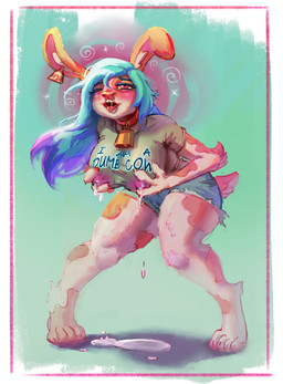 animal_print anthro areola big_breasts blush bodily_fluids breasts clothed clothing collar cow_print cowbell female fur hair hand_on_breast holding_breast huge_breasts hypnosis lactating milk milk_drip mind_control nipples solo standing text transformation unknown_artist shybun animal_humanoid humanoid lagomorph leporid mammal rabbit absurd_res hi_res source_request
