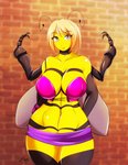 big_breasts blonde_hair bottomwear breasts cleavage clothed clothing female hair miniskirt non-mammal_breasts purse skirt solo wide_hips matypup bianca_(dtripper) animal_humanoid arthropod arthropod_humanoid bee_humanoid humanoid hymenopteran hymenopteran_humanoid insect insect_humanoid hi_res