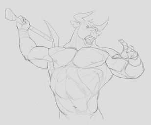 action_pose anthro axe battle_axe fingernails front_view holding_axe holding_object horn male male_anthro muscular muscular_anthro muscular_male nails navel nipples notched_ear nude open_mouth pecs pose simple_background solo aduran bovid bovine cattle mammal half-length_portrait hi_res monochrome portrait sketch