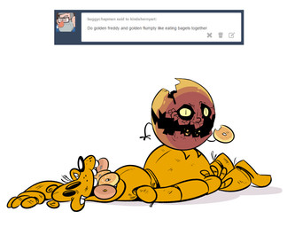 ambiguous_gender anthro bagel bread duo egg food machine simple_background text herny fazbear_fanverse five_nights_at_freddy's one_night_at_flumpty's scottgames golden_flumpty golden_freddy_(fnaf) animatronic robot english_text