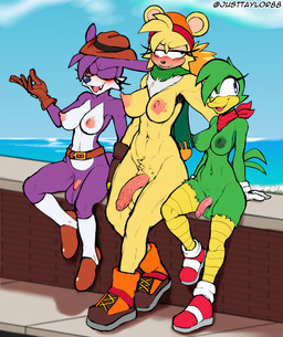 anthro areola balls beanie belt big_balls big_balls_small_penis blotchy_areola blush blush_lines boots breasts chest_tuft clothing crossgender disproportionate_genitalia flaccid footwear foreskin freckled_face freckles genital_raphe genitals gloves group gynomorph handwear hat headgear headwear intersex kerchief mti_crossgender nipples outside penis penis_size_difference pubes public public_nudity raphe_(anatomy) scarf scrotal_raphe shoes small_penis socks trio tuft justtaylor sega sonic_the_hedgehog_(series) bark_the_polar_bear bean_the_dynamite fang_the_hunter avian bear dipodid jerboa mammal polar_bear rodent ursine hi_res