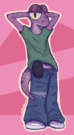 anthro blue_bottomwear blue_clothing blue_jeans blue_pants bottomwear clothing denim denim_bottomwear denim_clothing disability footwear geometric_background green_clothing green_shirt green_t-shirt green_topwear hands_behind_own_head ileostomy jeans looking_at_viewer male ostomy ostomy_bag pants pink_clothing pink_footwear pink_shoes purple_body shirt shoes simple_background solo standing stoma stoma_bag t-shirt text topwear yellow_sclera beenz seb_(beenz) gecko lizard reptile scalie artist_name digital_drawing_(artwork) digital_media_(artwork) hi_res trans_(lore) trans_man_(lore)