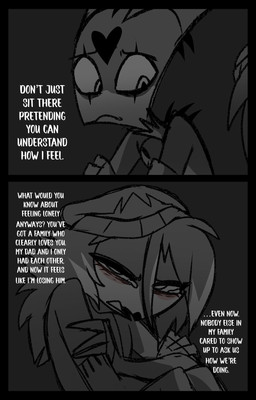 anthro beanie bodily_fluids clothing crying dialogue duo female frown grey_background hair hat headgear headwear heart_symbol horn long_hair looking_sideways male sad simple_background sitting tears text white_text teathekook hellaverse helluva_boss blitzo_(helluva_boss) octavia_(helluva_boss) avian bird imp owl owl_demon comic english_text hi_res