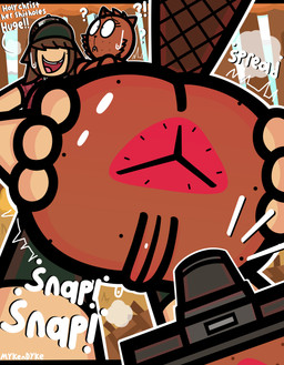 anus bottomwear brown_body brown_fur butt camera chipped_tooth clothing duo female feral flannel freckled_face freckles fur green_bottomwear green_clothing green_shorts hat headgear headwear male markings mole_(marking) shorts spread_butt spreading conditional_dnp mykendyke beaver human mammal rodent absurd_res hi_res