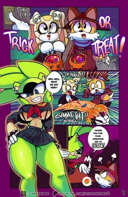 angry anthro big_breasts breasts candy clothed clothing cosplay costume cross-popping_vein dessert ear_piercing emoji eyebrows female female_anthro food group halloween_costume hand_on_hip holidays image_bubble male male_anthro motion_blur motion_lines piercing pumpkin_basket raised_eyebrow sharp_teeth smug_grin speech_bubble surprised teeth thick_thighs trick-or-treating trio young young_female young_male ichduhernz halloween idw_publishing kill_la_kill oneshot sega sonic_the_hedgehog_(comics) sonic_the_hedgehog_(idw) sonic_the_hedgehog_(series) studio_trigger cream_the_rabbit lenore_(lenore_the_cute_little_dead_girl) miles_prower niko_(oneshot) ryuko_matoi surge_the_tenrec afrosoricid canid canine fox lagomorph leporid mammal rabbit red_fox tenrec true_fox absurd_res comic hi_res