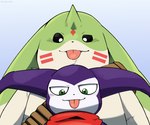 ammo_belt anthro beady_eyes bleh blep duo fur green_body green_fur horn kerchief long_ears making_faces male mischievous_smile purple_body tongue tongue_out hisashino bandai_namco digimon digimon_(species) gargomon impmon hi_res