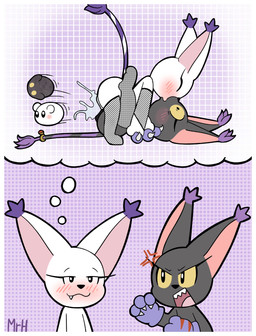 angry anthro aroused aroused_smile birth black_body black_fur blush claws clothed clothing duo eyelashes fantasizing female female/female fur genitals gloves group_birth handwear kissing live_birth open_mouth projectile_birth smile tail vulva white_body white_fur mr_harinezumi bandai_namco digimon bianc_(el_senor_erizo) nera_(el_senor_erizo) blackgatomon botamon digimon_(species) felid feline gatomon mammal yukimibotamon absurd_res hi_res