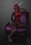 anthro biped breasts claws digitigrade female hair horn looking_at_viewer lounge navel nipples non-mammal_breasts non-mammal_nipples nude red_eyes red_hair sitting solo stripes tail valentinapaz lizard reptile scalie