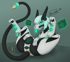 animal_genitalia animal_vulva autocunnilingus bedroom_eyes black_body black_tail blep bodily_fluids canine_genitalia canine_vulva dialogue drooling female female_feral feral genital_focus genitals glowing glowing_eyes glowing_genitalia glowing_vulva green_background green_eyes green_hair hair heart_symbol logo long_tail looking_at_viewer lying machine masturbation multicolored_body narrowed_eyes on_back oral oral_masturbation plump_labia saliva seductive short_hair simple_background solo speech_bubble tail tail_anus text thick_thighs tongue tongue_out two_tone_body vaginal vaginal_masturbation vulva vulva_focus white_body fiftyfifthfleet virena_vaie android canid canine mammal robot robot_dog robot_feral absurd_res artist_logo digital_media_(artwork) english_text hi_res shaded signature