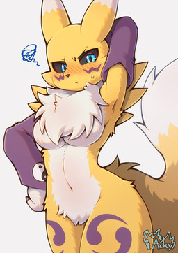 anthro armwear armwear_only black_sclera blue_eyes blush breasts clothing featureless_breasts female fur fur_tuft mostly_nude pose pupils purple_armwear purple_clothing raised_arm solo tail tuft white_body white_breasts white_ears white_fur white_tail yellow_body yellow_ears yellow_fur yellow_tail acky05 bandai_namco digimon canid canine digimon_(species) mammal renamon 2026 absurd_res hi_res