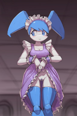 aged_up alternative_fashion blue_body blue_eyes blue_hair blush bottomless breasts cleavage clothed clothing clothing_lift cyber_lolita dress dress_lift female flashing flashing_pussy front_view genitals hair j-fashion lolita_(fashion) looking_aside machine maid_headdress maid_uniform no_underwear not_furry presenting presenting_vulva pseudo_hair purple_clothing purple_dress smile solo standing uniform vulva white_body gekasso my_life_as_a_teenage_robot nickelodeon jenny_wakeman android humanoid robot robot_humanoid 2023 hi_res portrait three-quarter_portrait