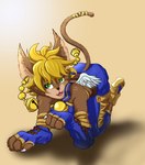 all_fours anthro bandage bare_shoulders bell blonde_hair brown_body brown_fur cat_tail ear_piercing ear_ring fantasy_clothing female fur green_eyes hair piercing ring_piercing solo wings geminart legend_of_mana mana_(series) square_enix daena domestic_cat felid feline felis mammal 2021 absurd_res digital_drawing_(artwork) digital_media_(artwork) digital_painting_(artwork) hi_res