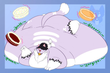 4_fingers anthro back_stripes bell bell_collar belly big_belly big_breasts big_butt biped black_hair black_markings blorp blue_background blue_border blue_collar border breasts butt cake cat_tail chubby_cheeks collar collar_only countershade_fur countershade_torso countershading dessert dipstick_tail extended_sound_effect fat_face feet female female_anthro fingers fluffy food front_view fur gloves_(marking) green_emanata green_text groan gurgle_(sound_effect) hair hair_over_eyes huge_belly huge_butt huge_thighs hyper hyper_belly immobile jingle_bell jingle_bell_collar leg_markings long_tail lying magic magic_user markings morbidly_obese morbidly_obese_anthro morbidly_obese_female nude obese obese_anthro obese_female on_front overweight overweight_anthro overweight_female pink_inner_ear pink_nose pointy_ears prick_ears purple_body purple_ears purple_fur purple_tail red_magic red_velvet red_velvet_cake rumbling_stomach simple_background snout socks_(marking) solo sound_effect_variant sound_effects sprinkles star_(marking) tail tail_markings telekinesis text thick_thighs thigh_markings toes tuft vowelless vowelless_vocalization weight_gain white_body white_countershading white_hair white_markings white_tuft strawberrymilkdog spirit_(spirittabby) domestic_cat felid feline felis mammal tabby_cat 2023 full-length_portrait hi_res portrait watermark