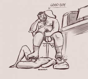 anthro balls beard chair chastity_cage chastity_device clothing collar computer desk dominant dominant_male duo electronics facial_hair facial_piercing feet foot_fetish foot_on_face foot_on_penis foot_play foot_sniffing footwear furniture genitals hair heart_symbol larger_dom male male/male masturbation nose_piercing overweight overweight_male penis piercing pillow pubes septum_piercing sitting size_difference slim_male smile sniffing socks submissive submissive_male table rovindeer bear canid canine canis mammal wolf sketch