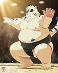 anthro asian_clothing belly big_belly blush clothing east_asian_clothing humanoid_hands japanese_clothing kemono male mawashi moobs nipples overweight overweight_male solo sumo sumo_ring sumo_wrestler white_body zero_087 kotofubuki felid mammal pantherine tiger 2023 hi_res